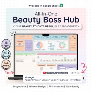 Plantilla de negocio para salón de belleza en Google Sheets: Seguimiento de clientes, Programador de citas, Inventario, Contabilidad, Facturación, Panel de pérdidas y ganancias