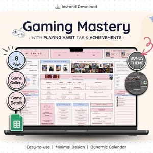 May include: A laptop screen displays a "Gaming Mastery" template with a minimalist design. The template includes sections for game details, a game gallery, and a bonus theme. The text on the screen reads "Gaming Mastery" and "Easy-to-use | Minimal Design | Dynamic Calendar."