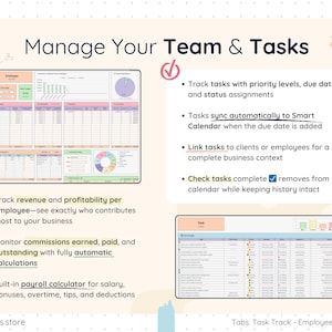 Employee and task management sheets inside Google Sheets business template. Track employee revenue and profitability, commissions, payroll calculations, and task assignments with priority and due dates. Tasks sync automatically to Smart Calendar. Includes employee summary dashboard and productivity tracking tools.