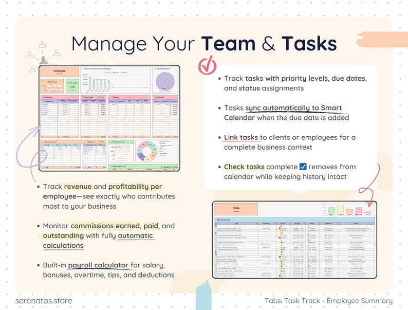 Employee and task management sheets inside Google Sheets business template. Track employee revenue and profitability, commissions, payroll calculations, and task assignments with priority and due dates. Tasks sync automatically to Smart Calendar. Includes employee summary dashboard and productivity tracking tools.