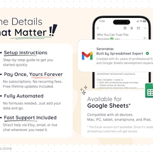 Product details for the Smart Pantry Google Sheets template, highlighting step-by-step setup instructions, one-time purchase with lifetime updates, fully automated formulas, fast customer support, and compatibility with Google Sheets across desktop, tablet, and mobile devices.