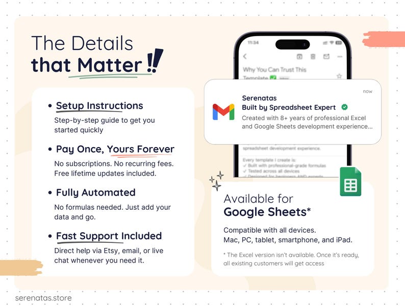Product details for the Smart Pantry Google Sheets template, highlighting step-by-step setup instructions, one-time purchase with lifetime updates, fully automated formulas, fast customer support, and compatibility with Google Sheets across desktop, tablet, and mobile devices.