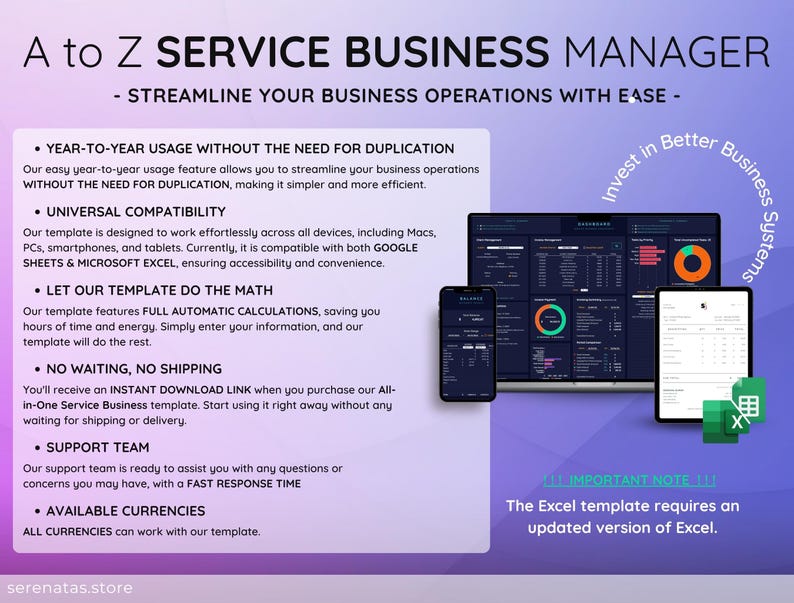 May include: A to Z Service Business Manager template displayed on a laptop, tablet, and smartphone. The image includes text highlighting features like year-to-year usage, universal compatibility, and automatic calculations. The template streamlines business operations.