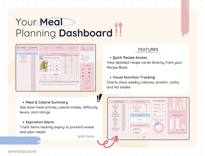 Meal planning dashboard overview showing recipe access, weekly nutrition charts, calorie summaries, and macro tracking. Includes visual graphs for calories, protein, carbs, and fat, along with expiration alerts and meal difficulty insights, providing a clear overview of nutrition, meals, and planning progress in one central dashboard.