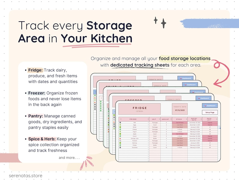 Smart Pantry spreadsheet displaying dedicated tracking sheets for fridge, freezer, pantry, and spice storage. Each tab tracks item names, quantities, stock status, expiration dates, and days left, helping users manage all kitchen storage areas in one organized Google Sheets system.
