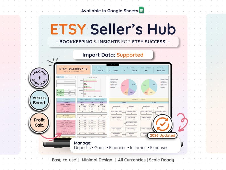 Etsy Sellers Bookkeeping Template Cover - Simplify Your Finances with Ease. Get Organized, Track Expenses, and Boost Profits Effortlessly.