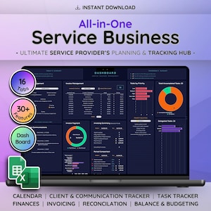 May include: A laptop screen displaying a dashboard for a service business, with the text "All-in-One Service Business." The interface includes sections for invoice management, tasks, and finances. Additional features are highlighted with circular icons. The bottom of the screen lists features like calendar and invoicing.