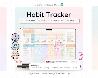 Habit Tracker Google Sheets Daily Weekly Monthly Goal Planner Spreadsheet Routine Dashboard Template Fitness Wellness Self Care Life
