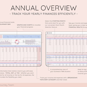 May include: A pink and blue digital planner template for tracking annual finances. The template includes a summary bar, graphs, charts, and a monthly breakdown of income and expenses. The text "ANNUAL OVERVIEW - TRACK YOUR YEARLY FINANCES EFFICIENTLY -" is at the top of the template.