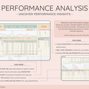 Puede incluir: Documento digital titulado "AN&Aacute;LISIS DE RENDIMIENTO" con fondo rosa claro. Muestra gr&aacute;ficos y tablas de an&aacute;lisis de datos, con el texto "DESCUBRE INFORMACI&Oacute;N SOBRE EL RENDIMIENTO". Incluye an&aacute;lisis de datos de ventas, seguimiento en tiempo real e identificaci&oacute;n de productos m&aacute;s vendidos.