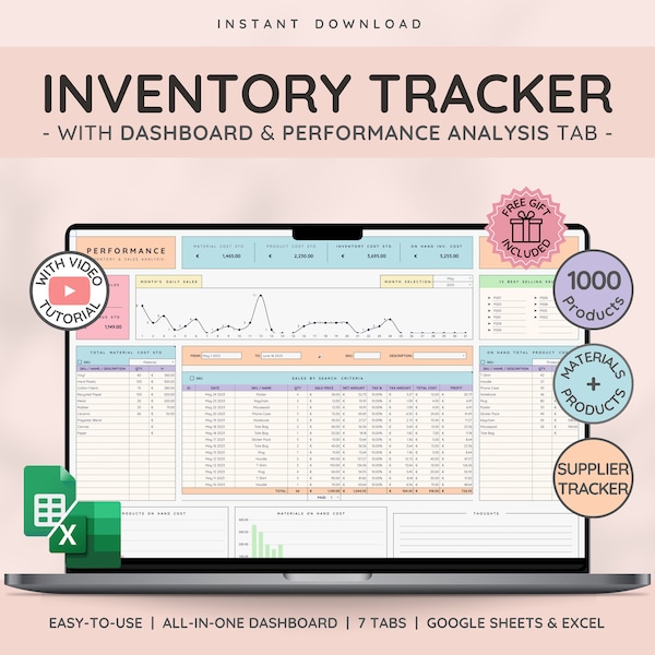 Voorraadbeheer en tracker voor voorraadsjabloon voor materialen en producten | Spreadsheetsjabloon voor kleine bedrijven met ordertracker