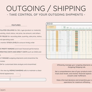 Puede incluir: Gr&aacute;fico digital con el texto "OUTGOING / SHIPPING" y una interfaz de hoja de c&aacute;lculo. Las caracter&iacute;sticas incluyen columnas autocompletadas, campos de entrada f&aacute;ciles, seguimiento de niveles de stock y gesti&oacute;n de env&iacute;os.