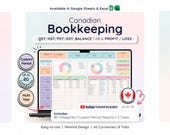 Canadian Bookkeeping Template Google Sheets Excel Small Business Revenue Sales Tax Tracker Profit Loss Income Expense Accounting Planner