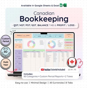 May include: A digital Canadian bookkeeping spreadsheet template for Google Sheets and Excel. The interface displays a profit and loss dashboard with colorful pie charts, income and expense tables, and a Canadian flag icon. Includes a YouTube tutorial link.