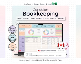 Canadian Bookkeeping Template Google Sheets Excel Small Business Revenue Sales Tax Tracker Profit Loss Income Expense Accounting Planner