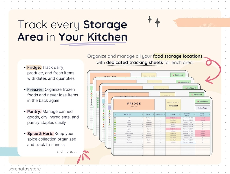Smart Pantry spreadsheet displaying dedicated tracking sheets for fridge, freezer, pantry, and spice storage. Each tab tracks item names, quantities, stock status, expiration dates, and days left, helping users manage all kitchen storage areas in one organized Google Sheets system.