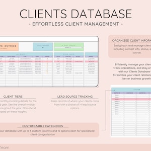 Effectively manage client data in the Clients Database tab, complete with custom categories, status updates, lead source tracking, and personalized client cards for streamlined client management.
