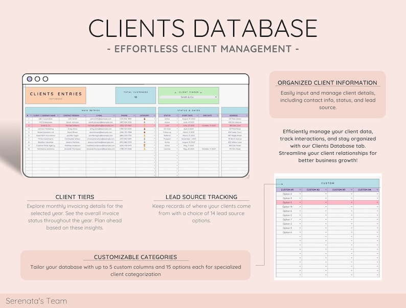 Effectively manage client data in the Clients Database tab, complete with custom categories, status updates, lead source tracking, and personalized client cards for streamlined client management.
