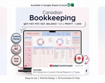 Puede incluir: Una plantilla digital de contabilidad canadiense para Google Sheets y Excel. La interfaz muestra un panel de pérdidas y ganancias con gráficos circulares, tablas de ingresos y gastos, y seguimiento de impuestos para QST, HST, PST y GST. Incluye un tutorial de YouTube.