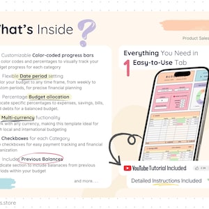 Illustration showing the Easy Budget template’s features, including progress bars, date period settings, budget allocation, multi-currency support, and previous balances. A phone mockup displays the budgeting tab with charts and tables.