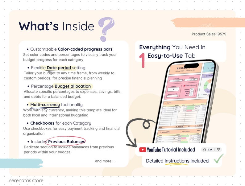 Illustration showing the Easy Budget template’s features, including progress bars, date period settings, budget allocation, multi-currency support, and previous balances. A phone mockup displays the budgeting tab with charts and tables.