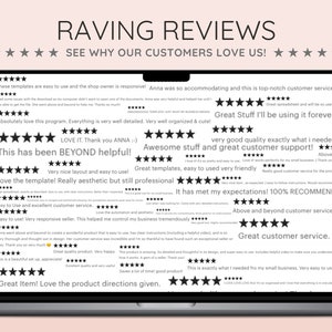 May include: Screenshot of a computer screen displaying positive customer reviews for a digital product. The reviews highlight the product's ease of use, helpfulness, and high quality. The text includes phrases like "Great Stuff I'll be using it forever", "Awesome stuff and great customer support!" and "It has met my expectations! 100% RECOMMEND".