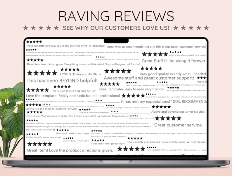 May include: Screenshot of a computer screen displaying positive customer reviews for a digital product. The reviews highlight the product's ease of use, helpfulness, and high quality. The text includes phrases like "Great Stuff I'll be using it forever", "Awesome stuff and great customer support!" and "It has met my expectations! 100% RECOMMEND".
