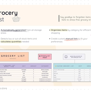Smart Pantry grocery list feature showing an automatically generated shopping list based on low or out-of-stock items, along with a customizable manual grocery list. Items are organized by category with quantities calculated automatically for efficient and stress-free grocery shopping.
