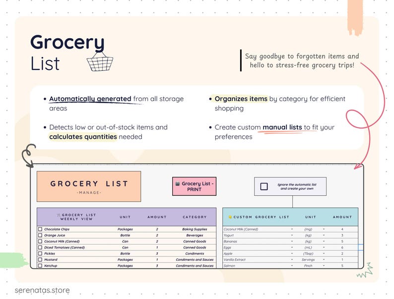 Smart Pantry grocery list feature showing an automatically generated shopping list based on low or out-of-stock items, along with a customizable manual grocery list. Items are organized by category with quantities calculated automatically for efficient and stress-free grocery shopping.