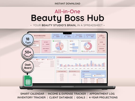 Beauty Planner Spreadsheet Google Sheet Template for Hair Salon Business Bookkeeping Inventory Order Invoice Client Profit Loss Appointments