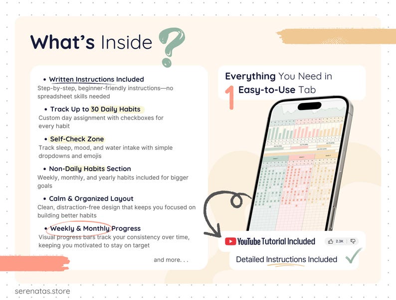 Overview of a habit tracker spreadsheet for Google Sheets featuring written instructions, daily habit tracking for up to 30 habits, a self-check zone for sleep, water, and mood, weekly and monthly progress tracking, non-daily habits, and a clean, distraction-free layout. Includes a YouTube tutorial and beginner-friendly setup.