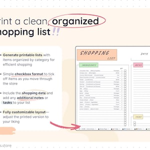 Printable grocery shopping list layout generated from the Smart Pantry template, featuring categorized items, quantities, checkboxes, shopping date, notes, and task sections. Designed for a clean, organized print-friendly experience to use while shopping.