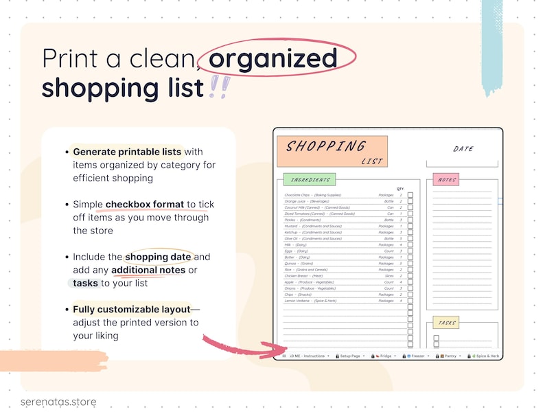 Printable grocery shopping list layout generated from the Smart Pantry template, featuring categorized items, quantities, checkboxes, shopping date, notes, and task sections. Designed for a clean, organized print-friendly experience to use while shopping.