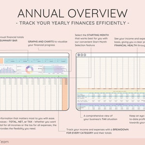 May include: A colorful infographic with the title "Annual Overview - Track Your Yearly Finances Efficiently" and a breakdown of how to track income and expenses. The infographic includes a summary bar, graphs, charts, and a monthly breakdown of financial health.
