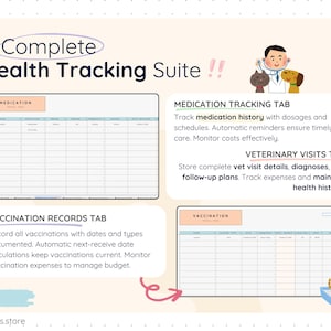 Pet health tracking template showing medication tracking tab with dosage schedules and reminders, veterinary visits tab for diagnoses and follow-up plans, and vaccination records tab with automatic next-due date calculations. Designed to maintain complete pet medical history and monitor healthcare expenses.