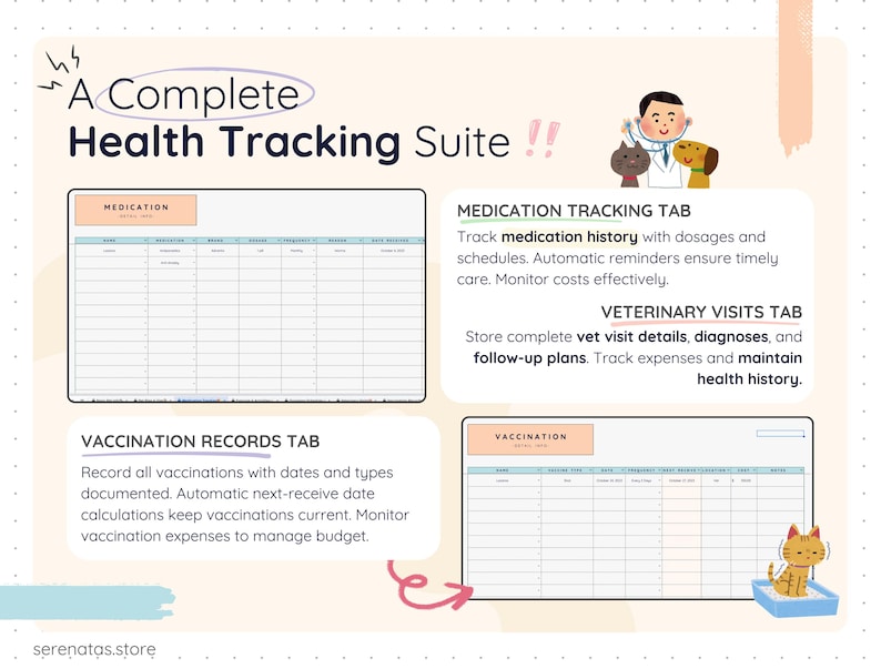 Pet health tracking template showing medication tracking tab with dosage schedules and reminders, veterinary visits tab for diagnoses and follow-up plans, and vaccination records tab with automatic next-due date calculations. Designed to maintain complete pet medical history and monitor healthcare expenses.