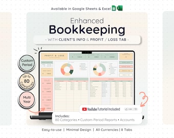 May include: A digital bookkeeping spreadsheet template for Google Sheets and Excel displayed on a laptop screen. The interface features a profit and loss dashboard with pie charts, financial tables, and tabs for client info, 80 categories, and multi-year reports. Includes a YouTube tutorial link and text labels for custom period reports and accounts.