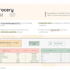 Smart Pantry grocery list feature showing an automatically generated shopping list based on low or out-of-stock items, along with a customizable manual grocery list. Items are organized by category with quantities calculated automatically for efficient and stress-free grocery shopping.