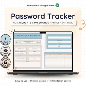 Hoja de cálculo de seguimiento de contraseñas Google Sheets Gestor digital Organizador de inicio de sesión Plantilla de seguridad de cuenta Guardián de credenciales seguro