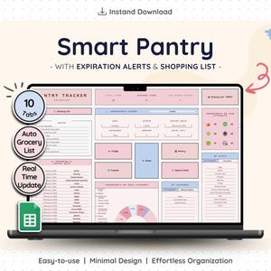 May include: A laptop screen displays a "Smart Pantry" dashboard with pink and blue sections. The interface includes sections for expiration alerts, a shopping list, and a pantry tracker. The design is labeled as easy-to-use, minimal, and effortless.