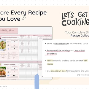 Digital recipe book layout showing detailed recipe cards with images, ingredients, units, quantities, preparation steps, servings, and nutrition values. Includes automatic ingredient calculations, dropdown lists for easy data entry, and tracking for calories, protein, carbs, and fat per recipe in a clean, organized format.