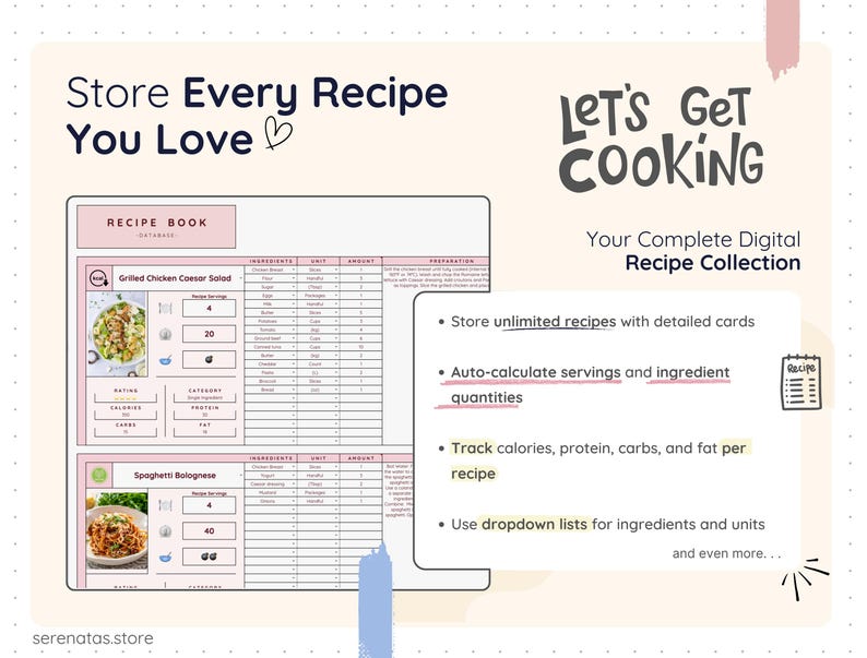 Digital recipe book layout showing detailed recipe cards with images, ingredients, units, quantities, preparation steps, servings, and nutrition values. Includes automatic ingredient calculations, dropdown lists for easy data entry, and tracking for calories, protein, carbs, and fat per recipe in a clean, organized format.