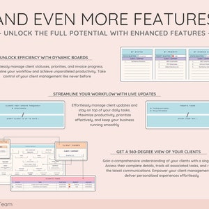 May include: A light pink graphic with the text "AND EVEN MORE FEATURES" and "UNLOCK THE FULL POTENTIAL WITH ENHANCED FEATURES". The image includes charts and diagrams illustrating client management features.