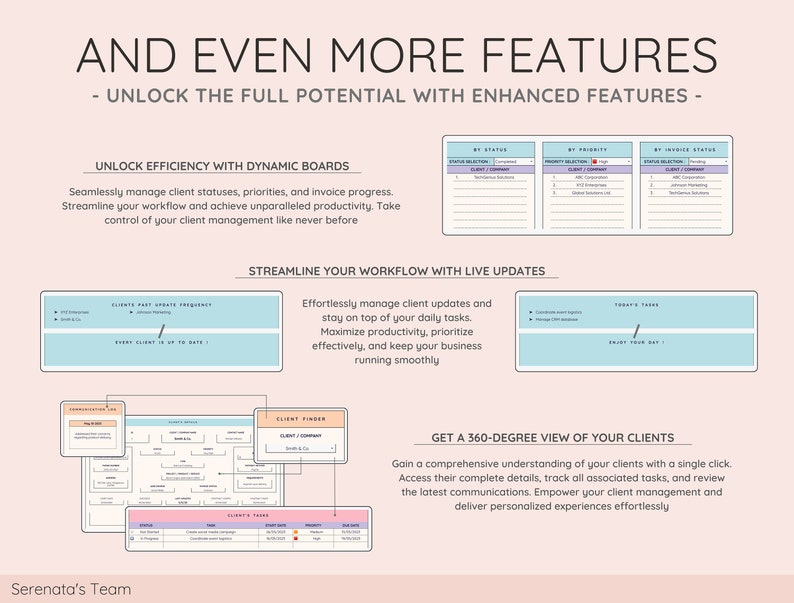 May include: A light pink graphic with the text "AND EVEN MORE FEATURES" and "UNLOCK THE FULL POTENTIAL WITH ENHANCED FEATURES". The image includes charts and diagrams illustrating client management features.