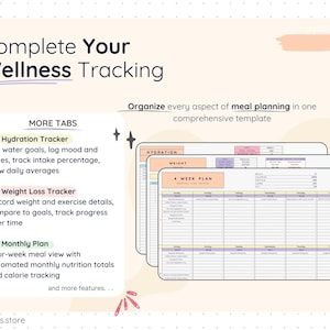 Wellness tracking section showing additional tabs such as hydration tracker, weight loss tracker, and monthly meal plan. Includes water intake goals, weight tracking, progress monitoring, and four-week meal views with automated calorie and nutrition totals, supporting complete wellness and meal planning organization.