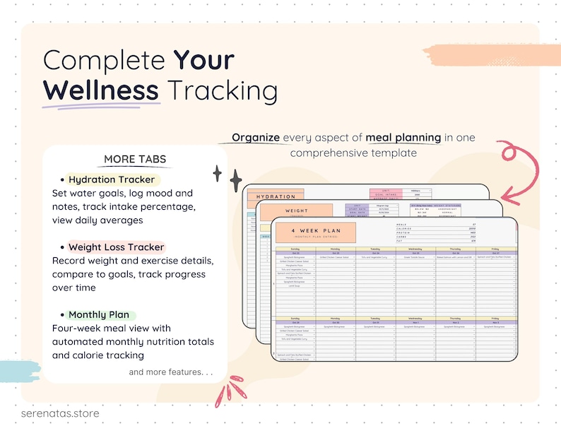 Wellness tracking section showing additional tabs such as hydration tracker, weight loss tracker, and monthly meal plan. Includes water intake goals, weight tracking, progress monitoring, and four-week meal views with automated calorie and nutrition totals, supporting complete wellness and meal planning organization.