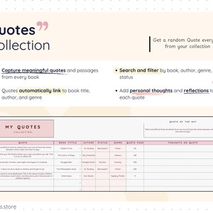 Quotes collection table showing saved book quotes linked to book title, author, genre, page number, and personal thoughts. Text explains searching and filtering quotes and receiving a random quote of the day from the collection.