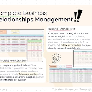 Client and supplier management system inside a Google Sheets product business tracker. Slide shows Clients Management with automatic financial insights, outstanding balances, average order value, and follow-up reminders synced to a Smart Calendar. Also includes Suppliers Management with contact database, payment terms, total purchases, outstanding payables, and full payment history tracking.