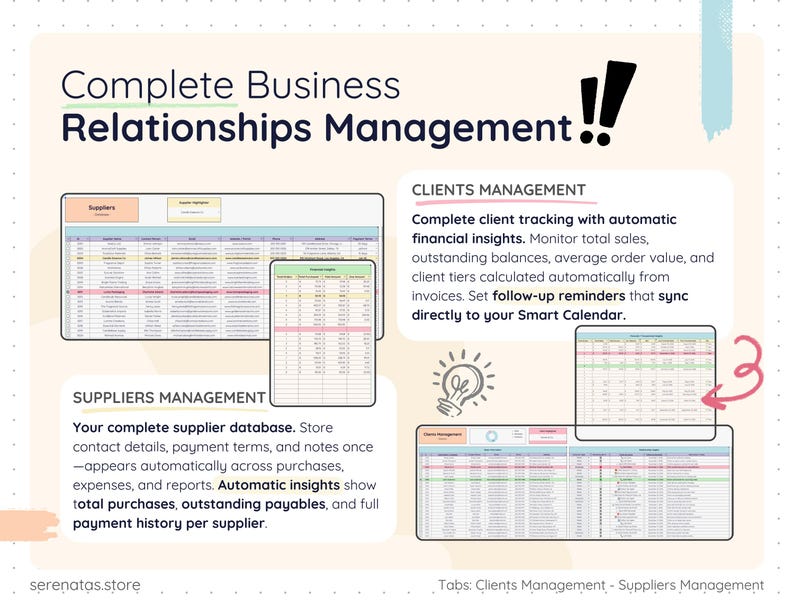 Client and supplier management system inside a Google Sheets product business tracker. Slide shows Clients Management with automatic financial insights, outstanding balances, average order value, and follow-up reminders synced to a Smart Calendar. Also includes Suppliers Management with contact database, payment terms, total purchases, outstanding payables, and full payment history tracking.