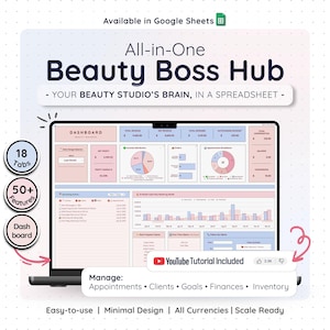 Thumbnail – “Beauty Boss Hub” Overview
A polished preview of the Beauty Boss Hub spreadsheet template for beauty business owners. Showcases the dashboard on desktop and tablet with key highlights like 18 tabs and 50+ smart features for appointment tracking, inventory, finances, and more. Designed for beauty studios using Google Sheets. Bonus gift included.
